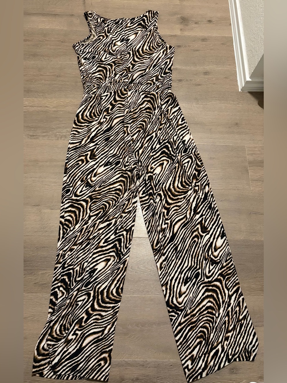 Calvin Klein Black, White & Brown Animal-Print Wide-Leg Jumpsuit
